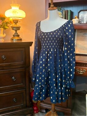 Cupshe Navy and Gold Smocked Long-Sleeve Tiered Dress